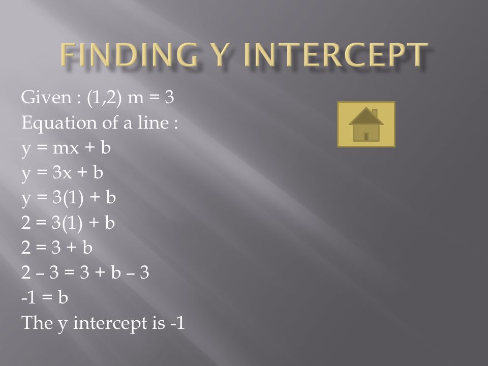 Finding y intercept Given : (1,2) m = 3 Equation of a line :