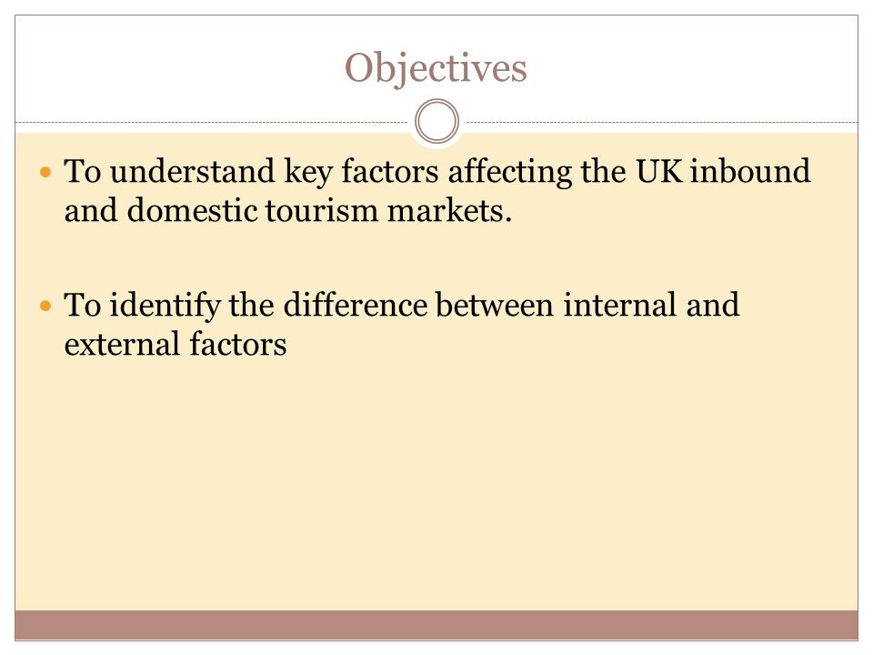 Objectives To understand key factors affecting the UK inbound and domestic tourism markets.