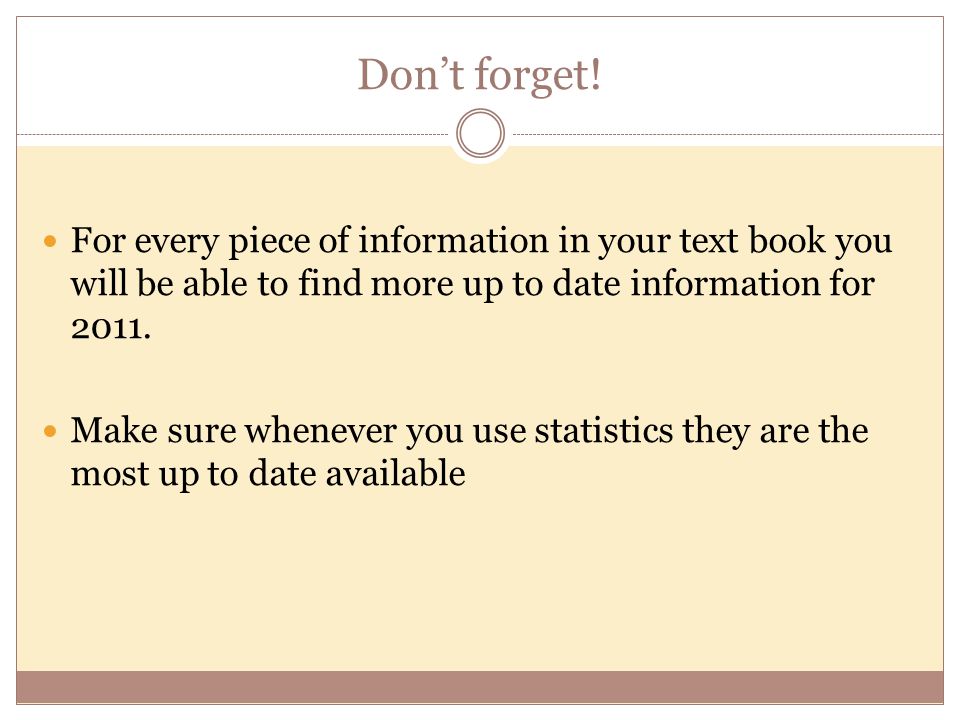 Don’t forget! For every piece of information in your text book you will be able to find more up to date information for