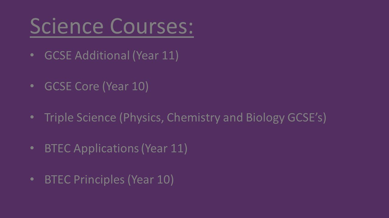 Science Courses: GCSE Additional (Year 11) GCSE Core (Year 10)