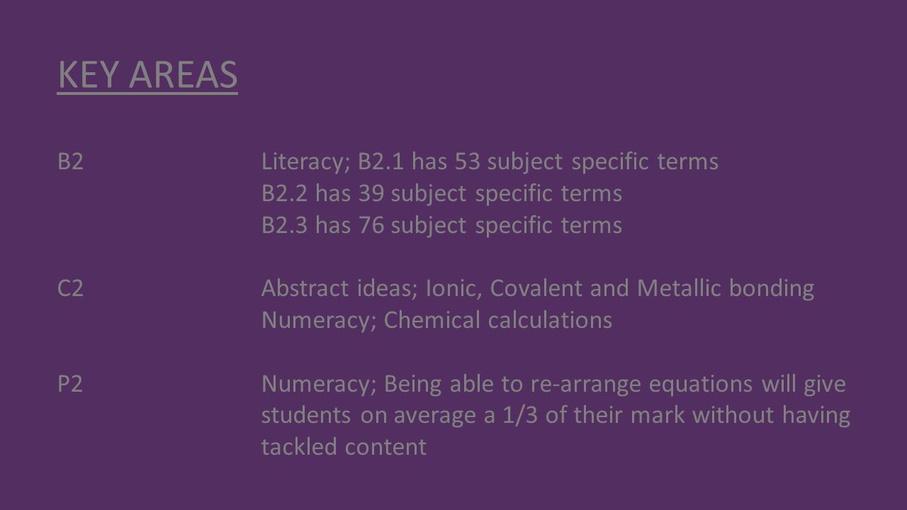 KEY AREAS B2 Literacy; B2.1 has 53 subject specific terms