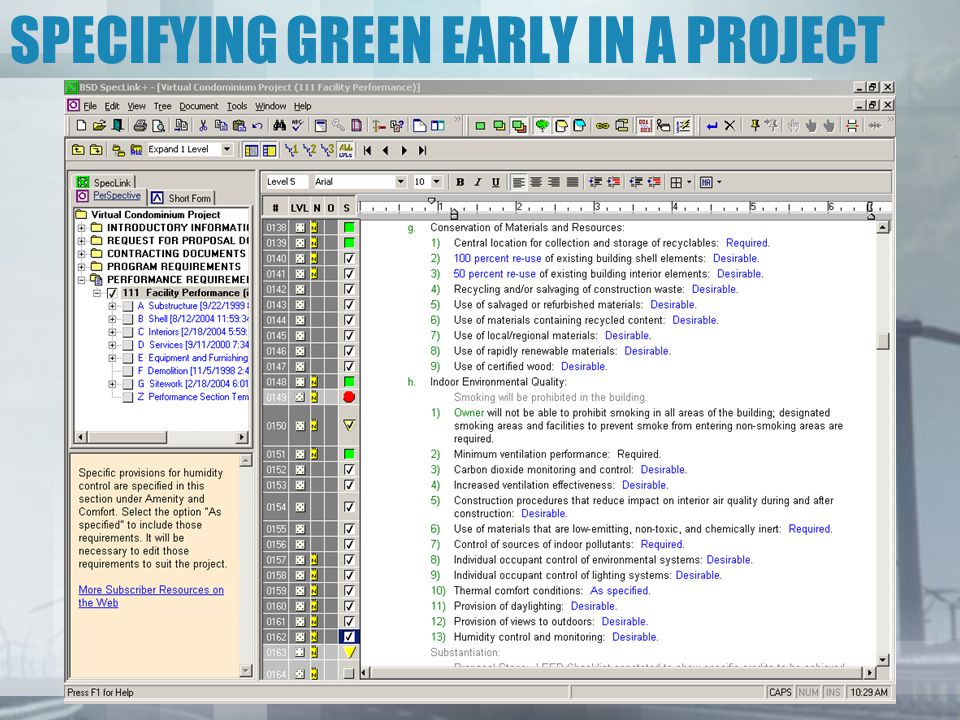 SPECIFYING GREEN EARLY IN A PROJECT
