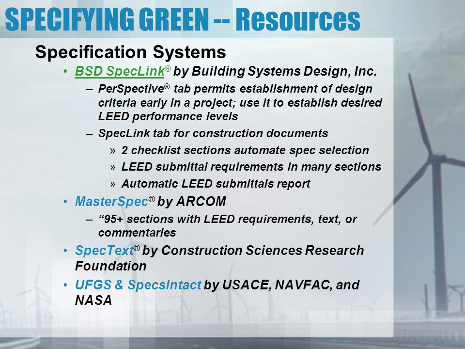 SPECIFYING GREEN -- Resources