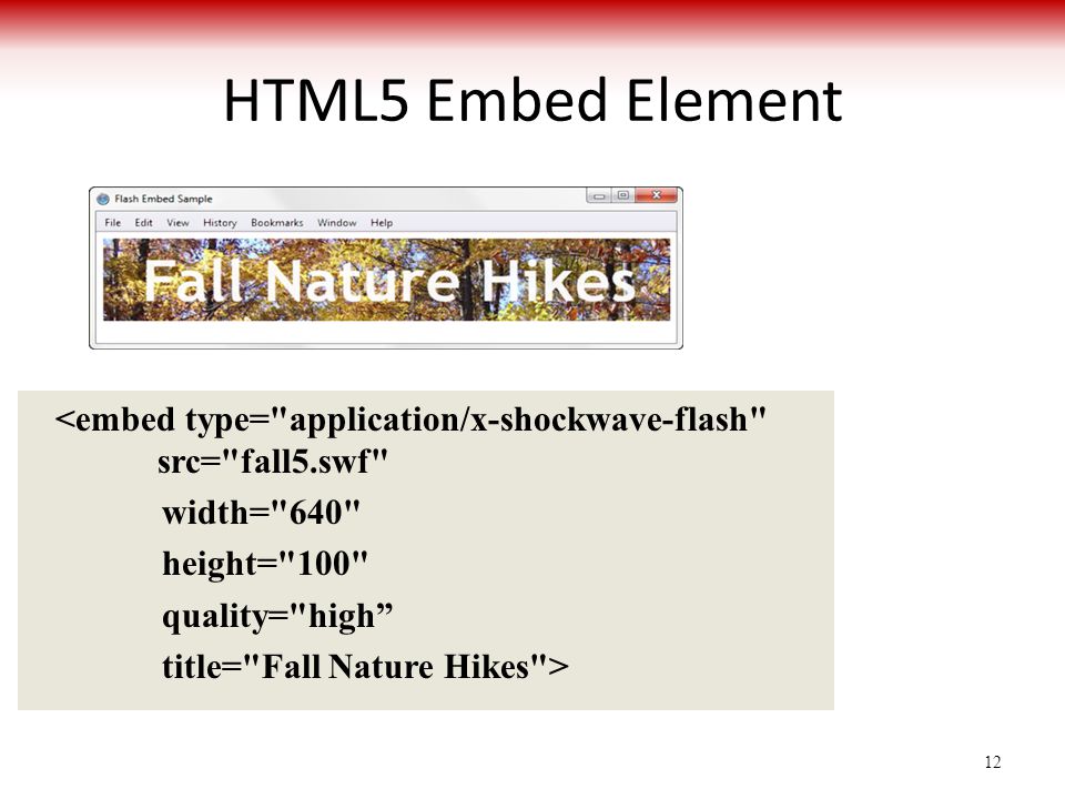 HTML5 Embed Element <embed type= application/x-shockwave-flash src= fall5.swf width= 640
