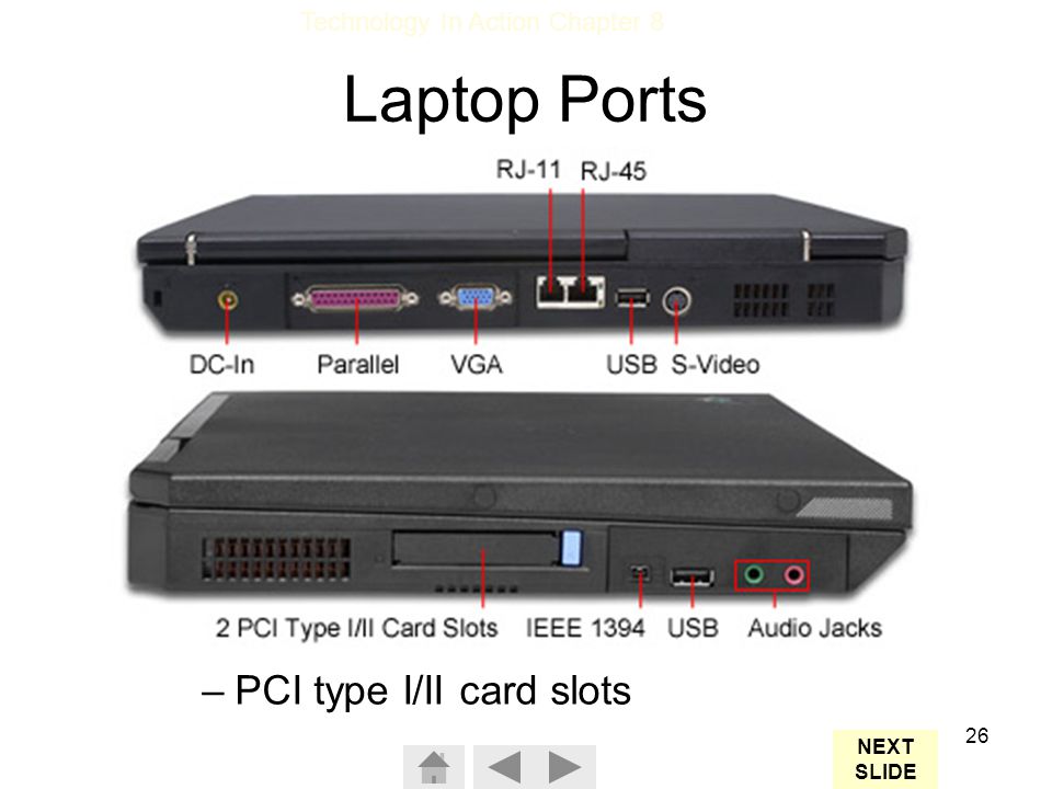 Laptop Ports A full set of ports: Parallel Monitor USB Modem Ethernet