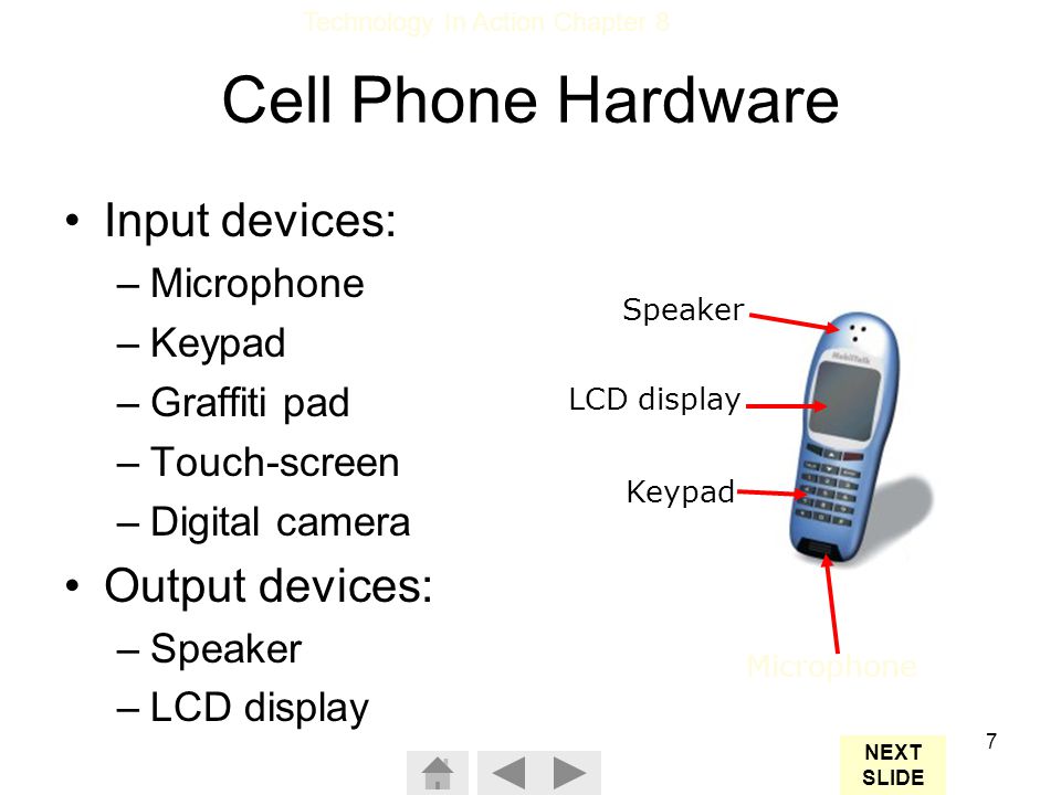 Cell Phone Hardware Input devices: Output devices: Microphone Keypad