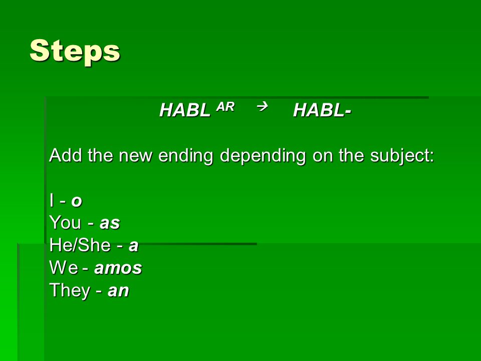 Steps HABL AR  HABL- Add the new ending depending on the subject: