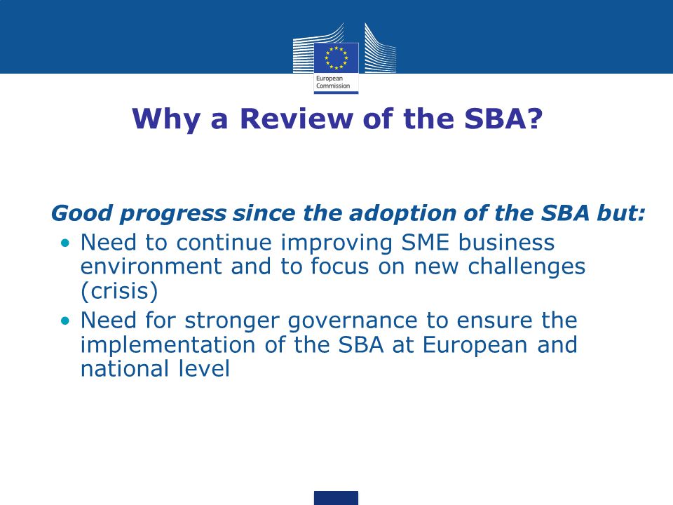 Why a Review of the SBA Good progress since the adoption of the SBA but: