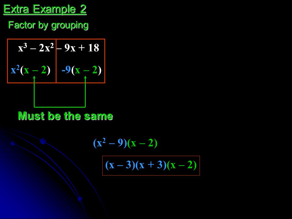 Extra Example 2 x3 – 2x2 – 9x + 18 x2(x – 2) -9(x – 2)