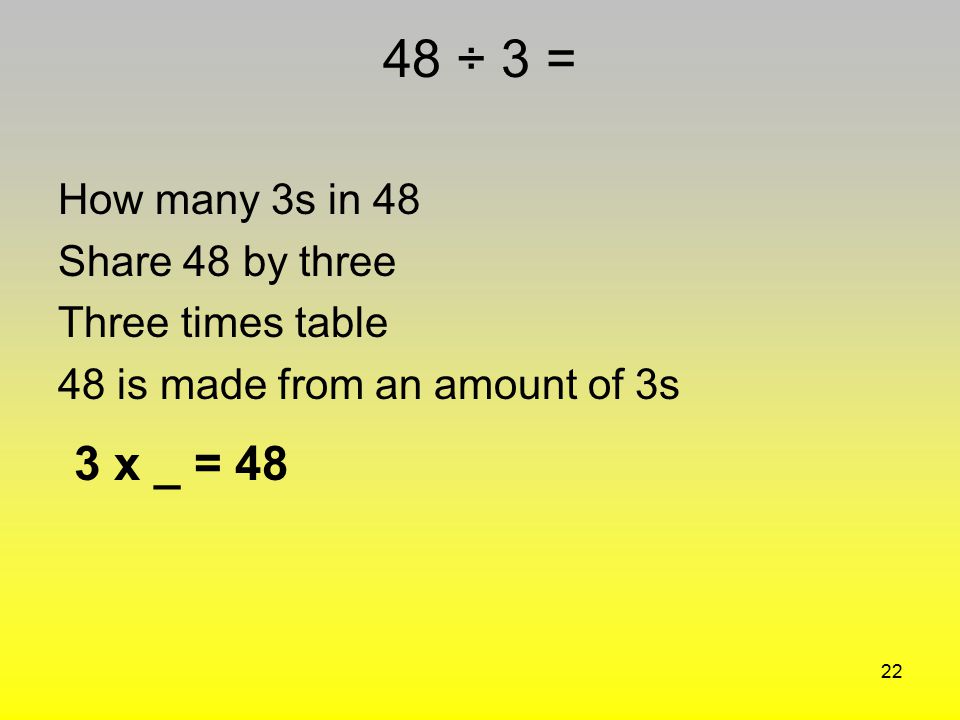 48 ÷ 3 = 3 x _ = 48 How many 3s in 48 Share 48 by three