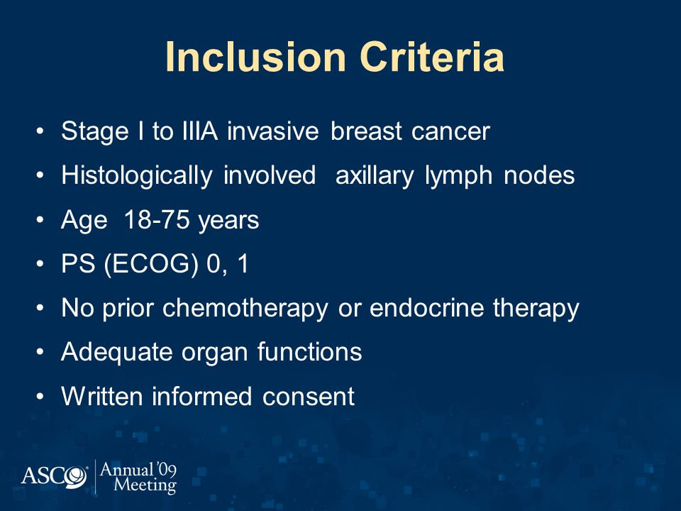 Inclusion Criteria Stage I to IIIA invasive breast cancer