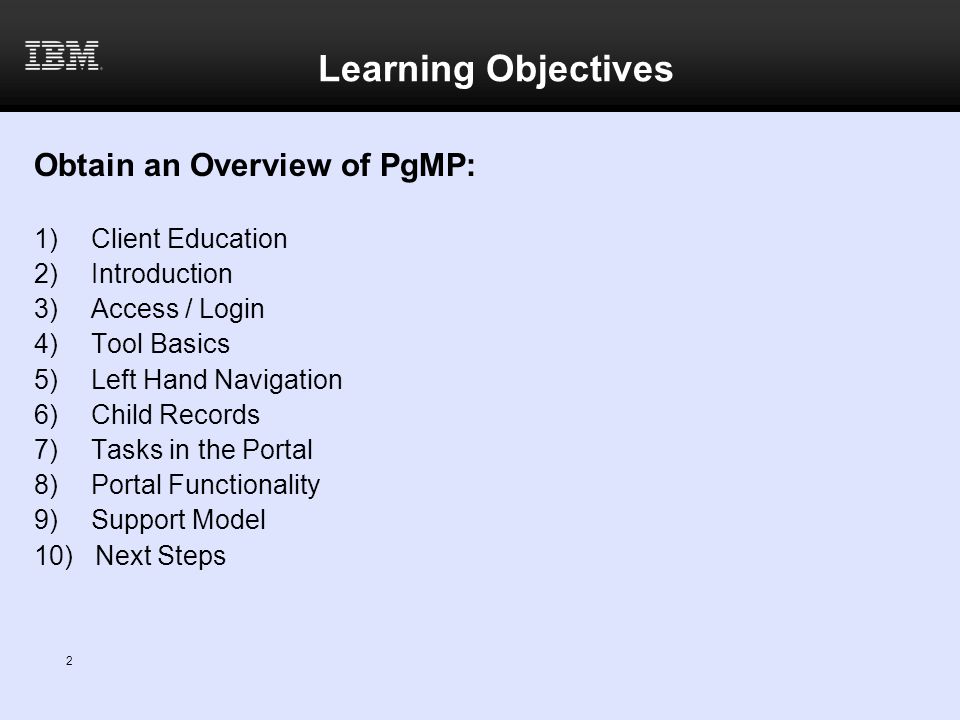 Learning Objectives Obtain an Overview of PgMP: Client Education