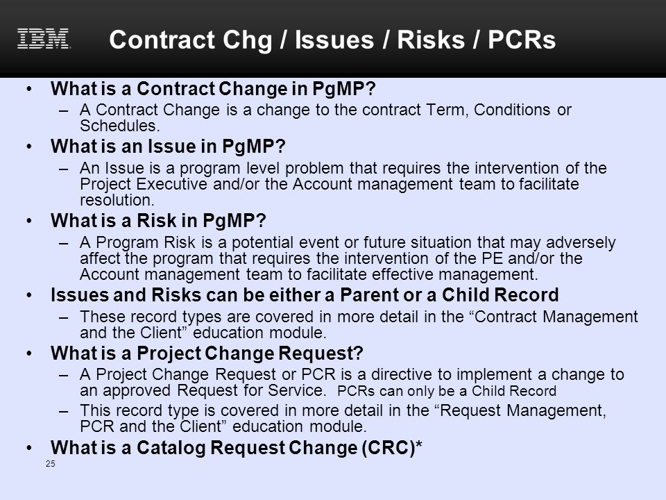 Contract Chg / Issues / Risks / PCRs
