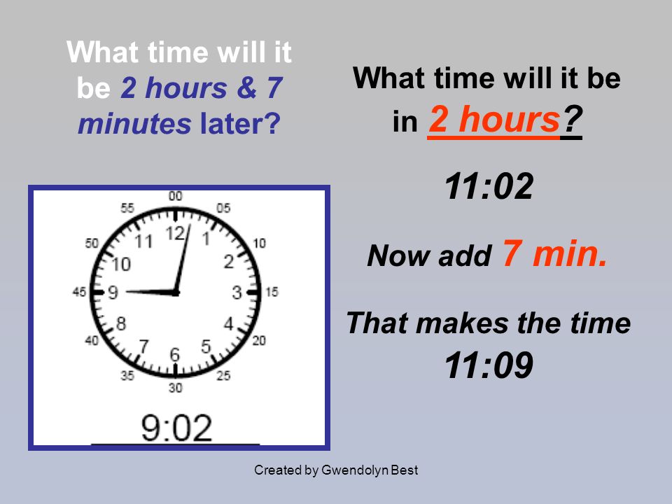 What time will it be 2 hours & 7 minutes later