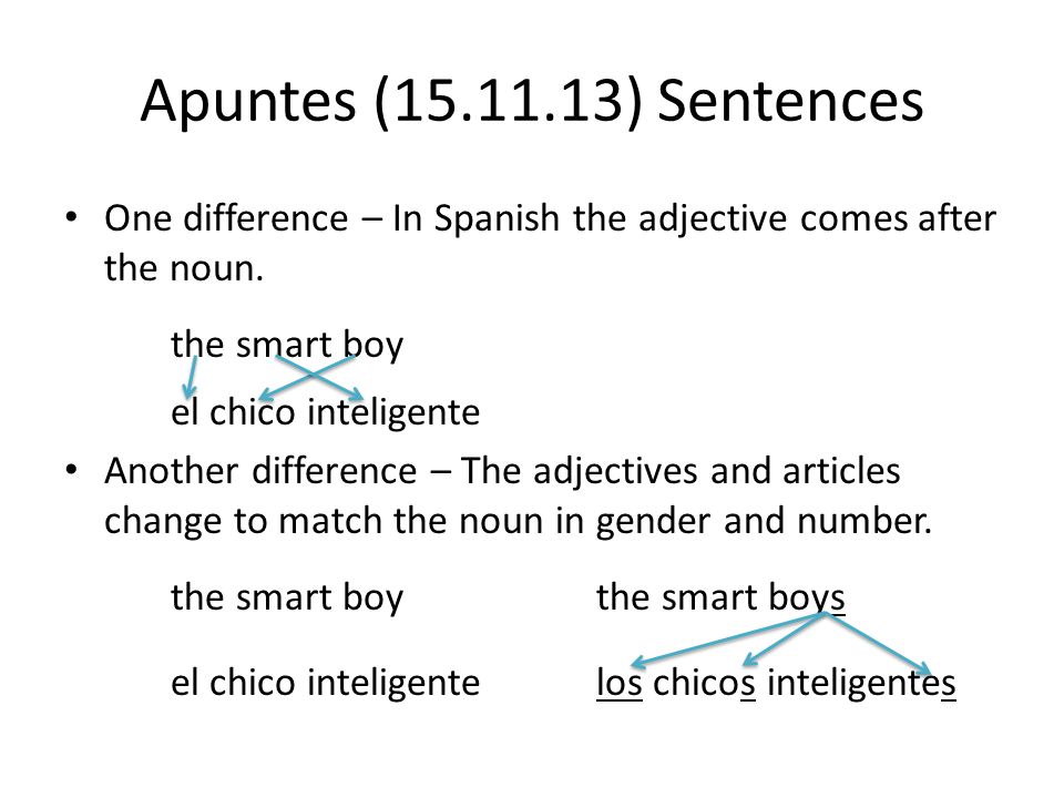 Apuntes ( ) Sentences One difference – In Spanish the adjective comes after the noun. the smart boy.