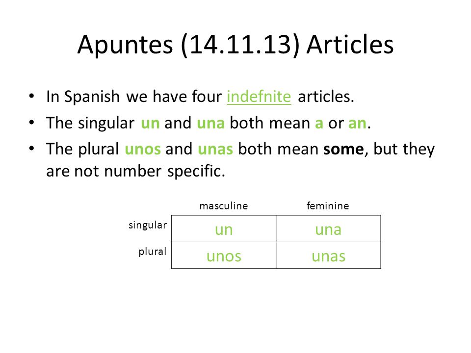 Apuntes ( ) Articles In Spanish we have four indefnite articles. The singular un and una both mean a or an.