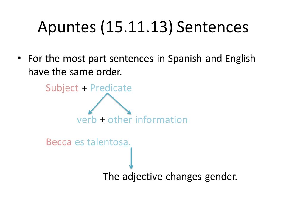 Apuntes ( ) Sentences For the most part sentences in Spanish and English have the same order.