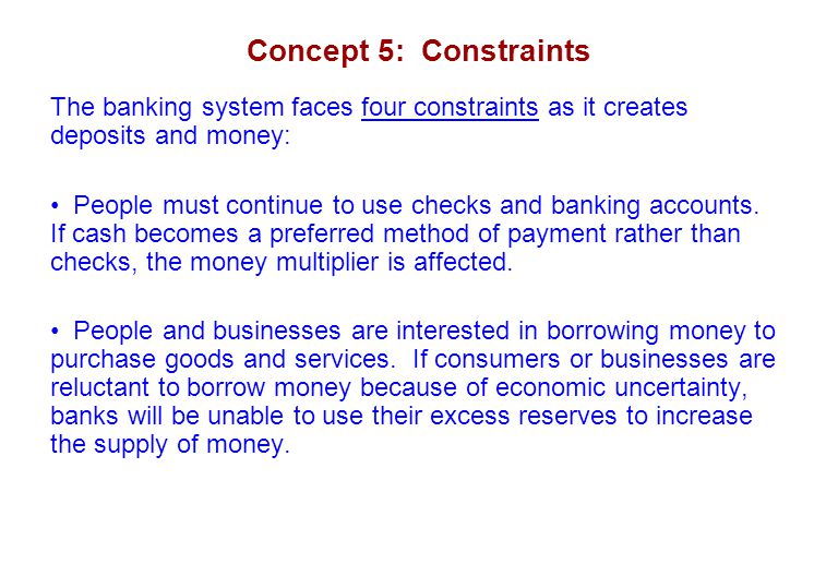 Concept 5: Constraints The banking system faces four constraints as it creates deposits and money: