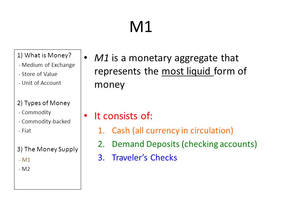 M1 1) What is Money - Medium of Exchange. - Store of Value. - Unit of Account. 2) Types of Money.