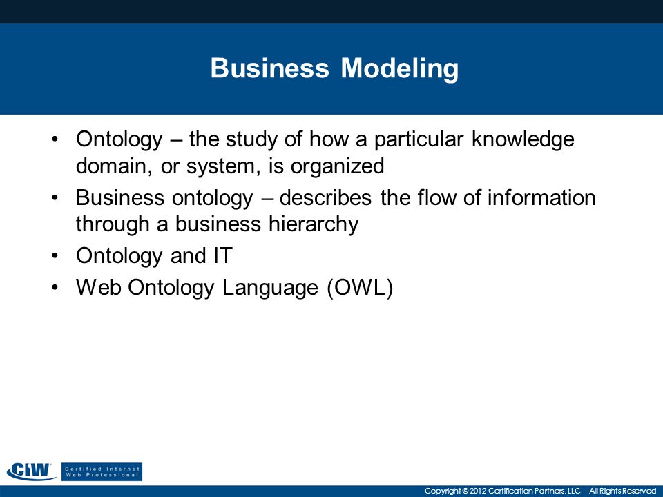 Business Modeling Ontology – the study of how a particular knowledge domain, or system, is organized.