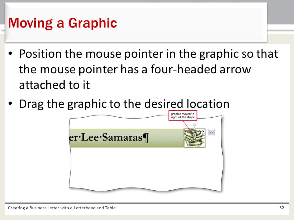 Moving a Graphic Position the mouse pointer in the graphic so that the mouse pointer has a four-headed arrow attached to it.