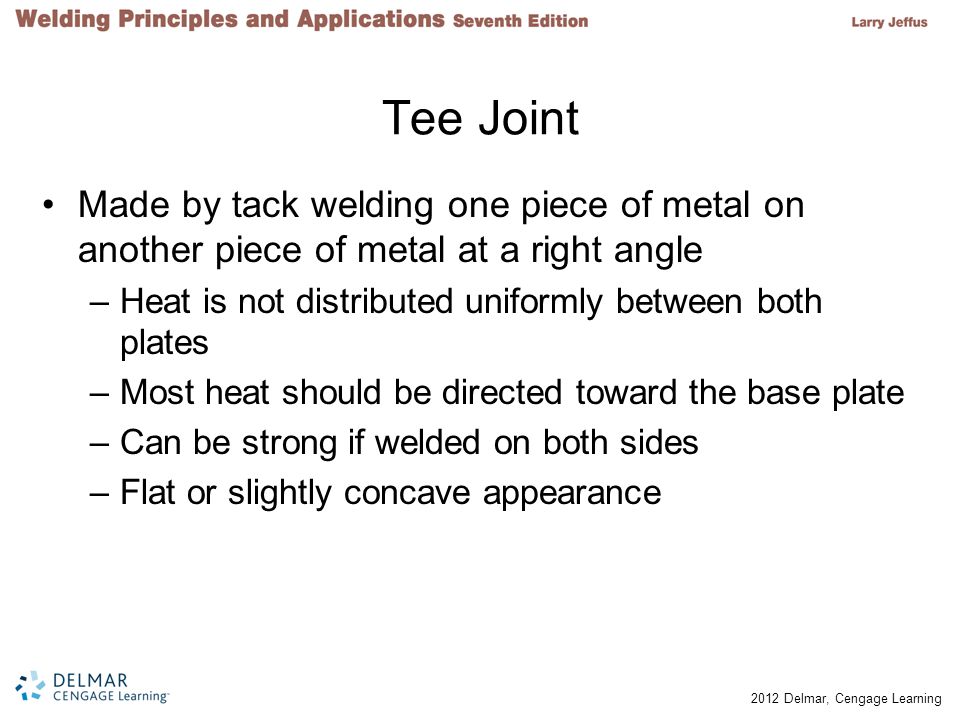 Tee Joint Made by tack welding one piece of metal on another piece of metal at a right angle. Heat is not distributed uniformly between both plates.