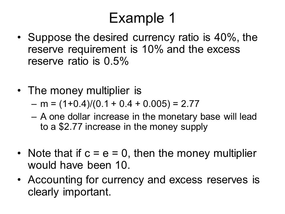 Example 1 Suppose the desired currency ratio is 40%, the reserve requirement is 10% and the excess reserve ratio is 0.5%