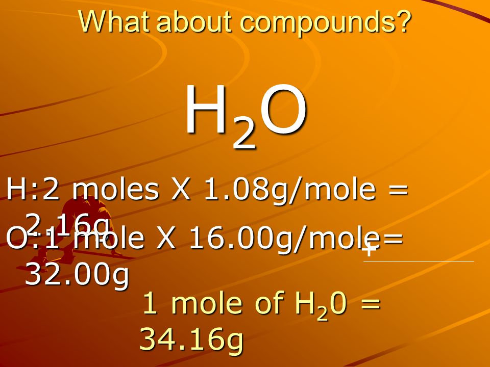 H2O What about compounds H:2 moles X 1.08g/mole = 2.16g