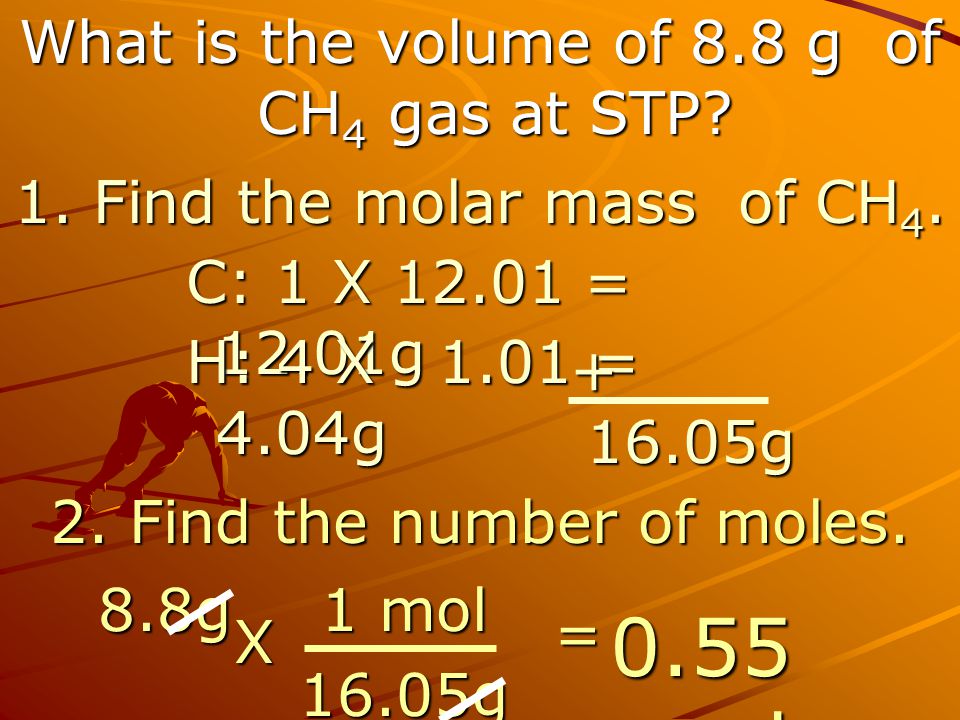 0.55 mol What is the volume of 8.8 g of CH4 gas at STP
