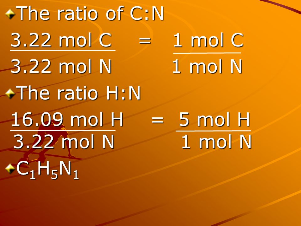 The ratio of C:N 3.22 mol C = 1 mol C mol N 1 mol N. The ratio H:N mol H = 5 mol H 3.22 mol N 1 mol N.