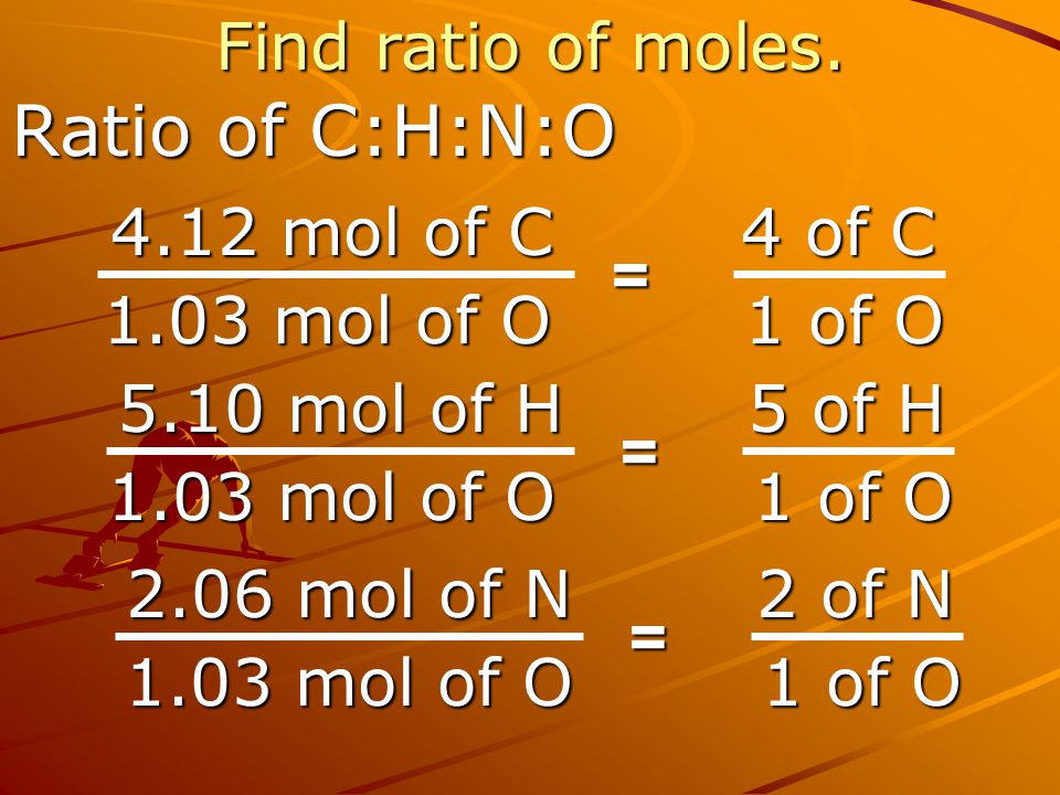 Ratio of C:H:N:O Find ratio of moles mol of C 1.03 mol of O