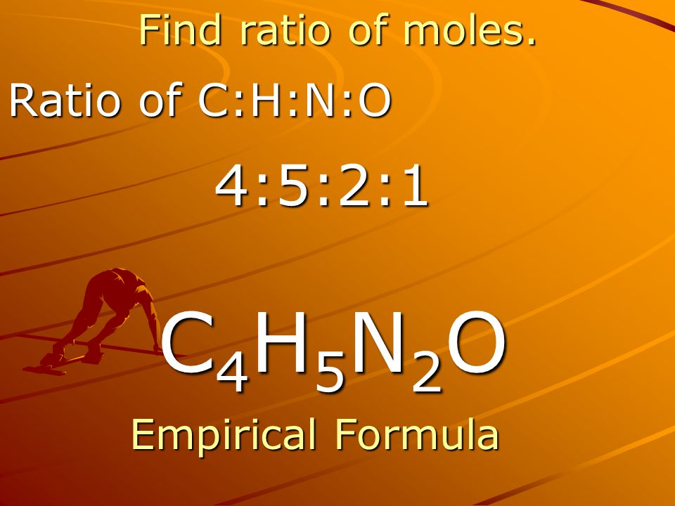 Ratio of C:H:N:O 4:5:2:1 C4H5N2O Find ratio of moles.