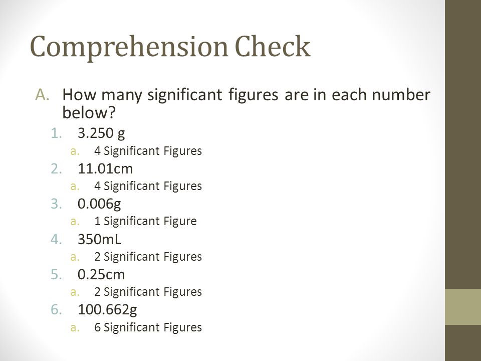 Comprehension Check How many significant figures are in each number below g. 4 Significant Figures.