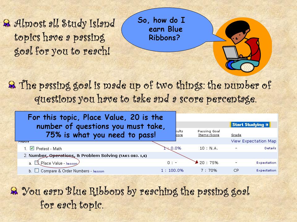 Almost all Study Island topics have a passing goal for you to reach!