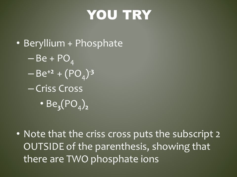 You Try Beryllium + Phosphate Be + PO4 Be+2 + (PO4)-3 Criss Cross