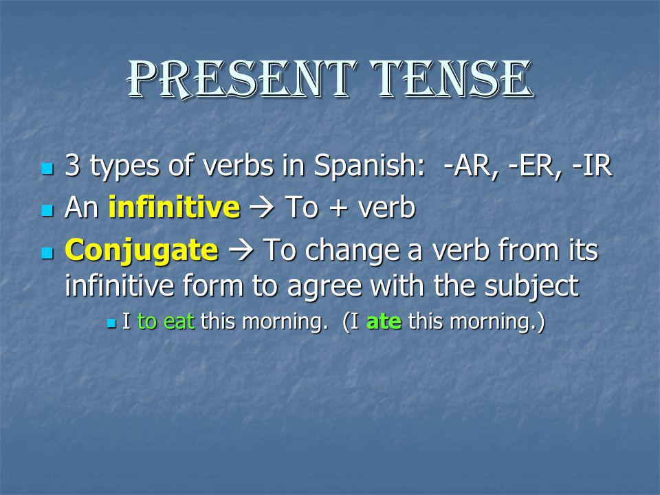 Present Tense 3 types of verbs in Spanish: -AR, -ER, -IR