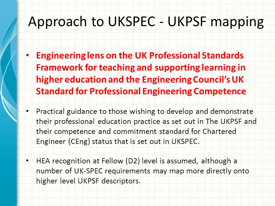 Approach to UKSPEC - UKPSF mapping