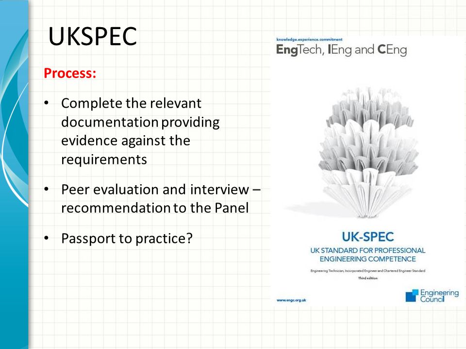 UKSPEC Process: Complete the relevant documentation providing evidence against the requirements.