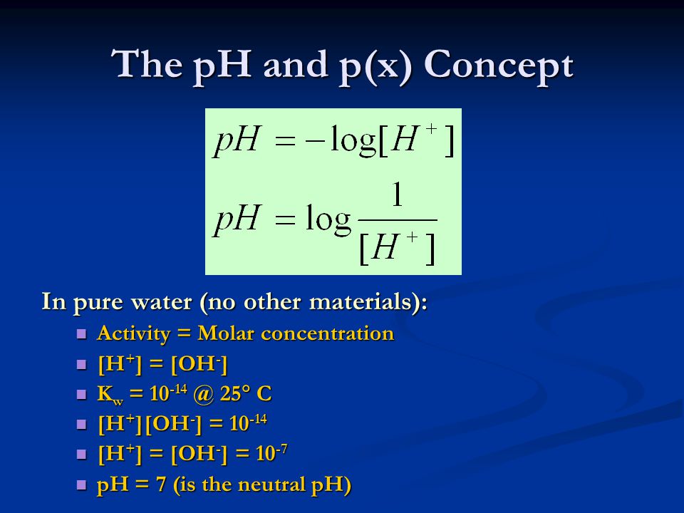 The pH and p(x) Concept In pure water (no other materials):