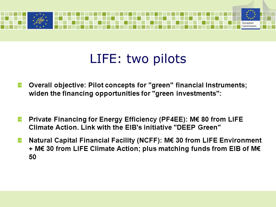 LIFE: two pilots Overall objective: Pilot concepts for green financial Instruments; widen the financing opportunities for green investments :