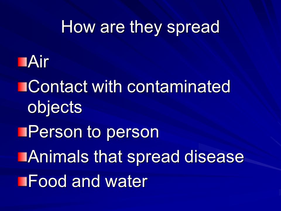 How are they spread Air. Contact with contaminated objects. Person to person. Animals that spread disease.