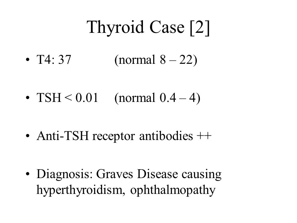 Thyroid Case [2] T4: 37 (normal 8 – 22) TSH < 0.01 (normal 0.4 – 4)