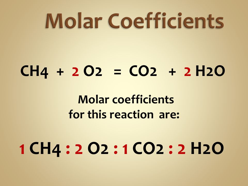 Molar Coefficients CH4 + 2 O2 = CO2 + 2 H2O for this reaction are:
