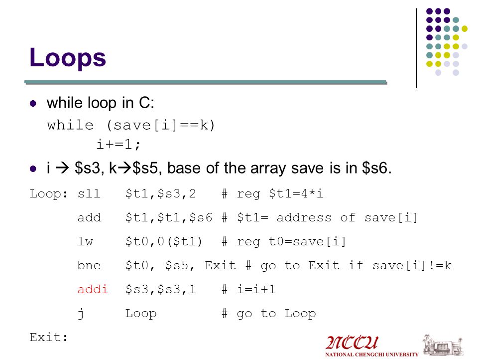 Loops while loop in C: while (save[i]==k) i+=1;