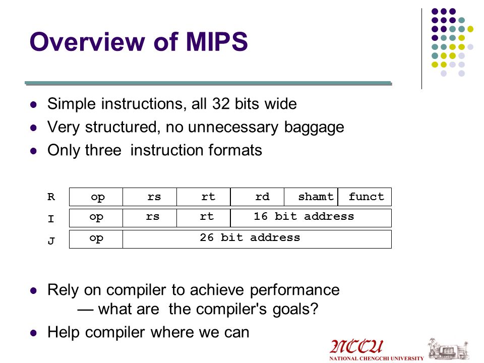 Overview of MIPS Simple instructions, all 32 bits wide