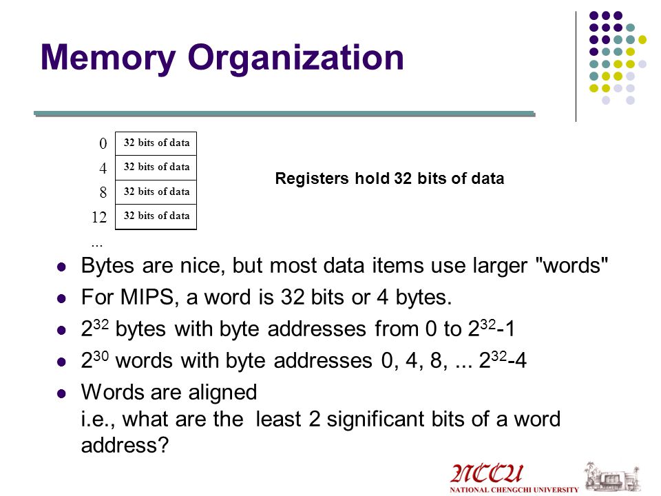 Memory Organization 32 bits of data bits of data. Registers hold 32 bits of data bits of data.