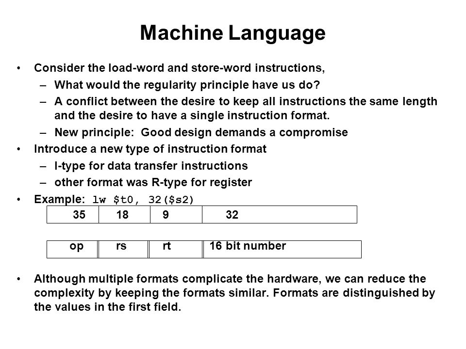 Machine Language Consider the load-word and store-word instructions,