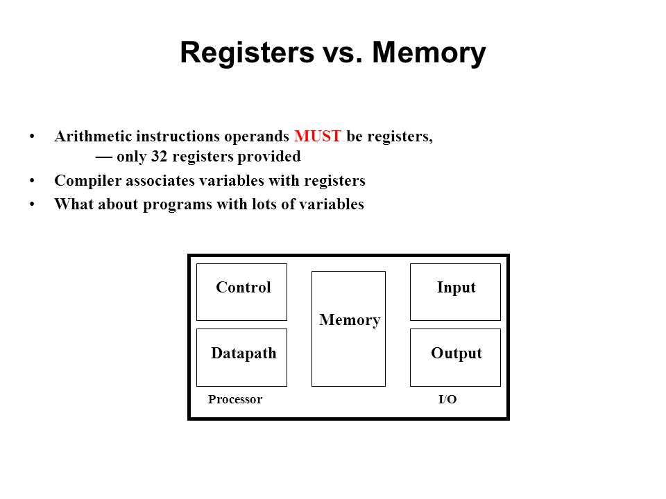 Registers vs. Memory Arithmetic instructions operands MUST be registers, — only 32 registers provided.