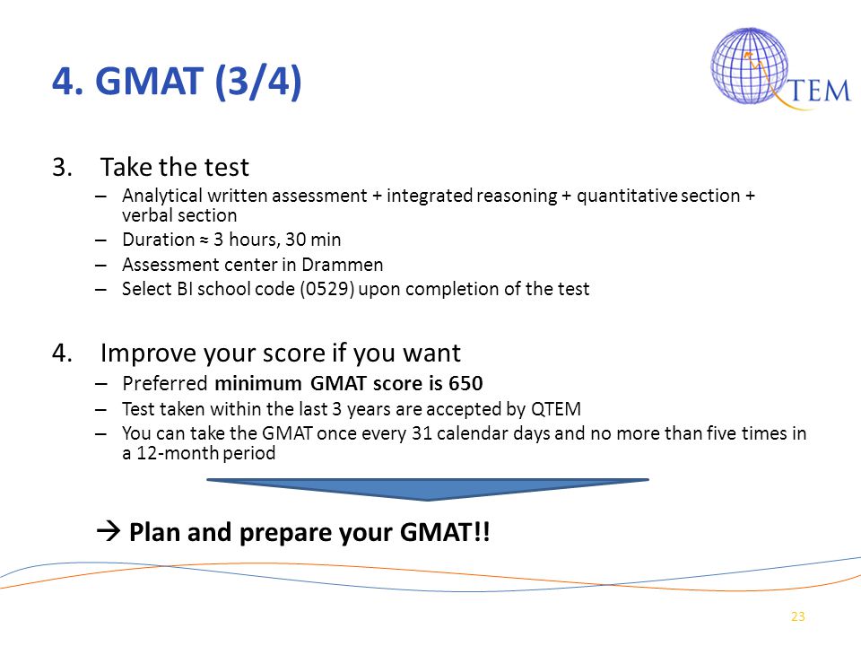 4. GMAT (3/4) Take the test Improve your score if you want