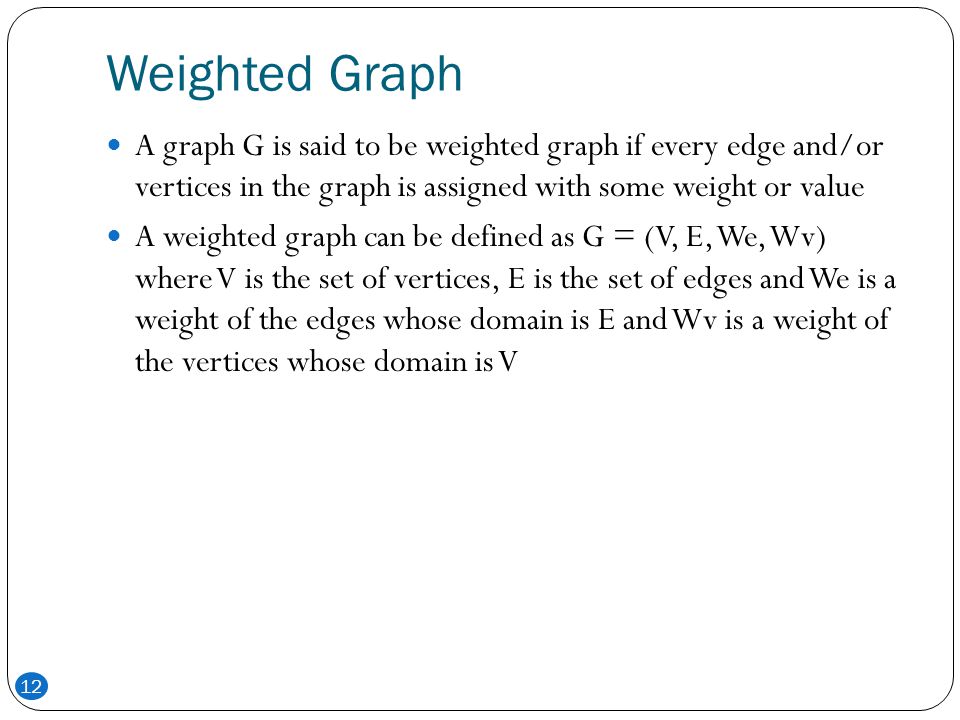 Weighted Graph A graph G is said to be weighted graph if every edge and/or vertices in the graph is assigned with some weight or value.